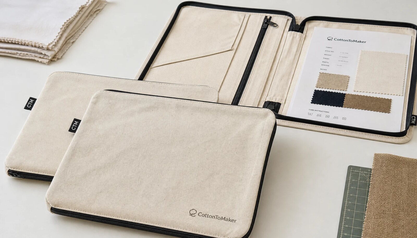 Canvas zipper portfolio samples with zipper construction and CTM logo
