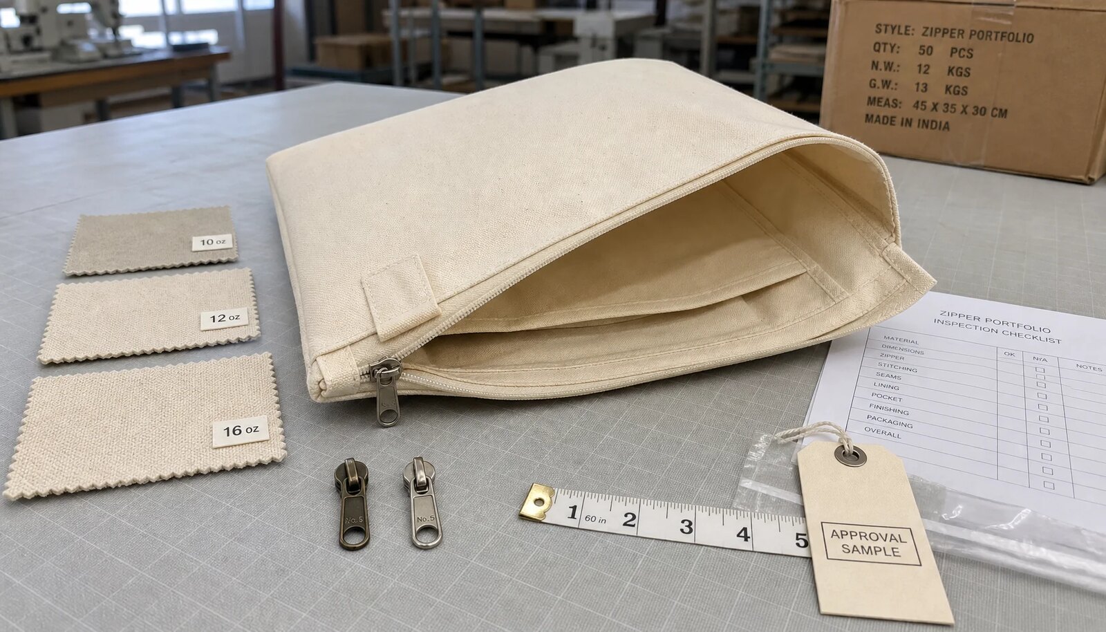Natural canvas zipper portfolio sample with zipper, stitching, logo, swatches, and QC materials