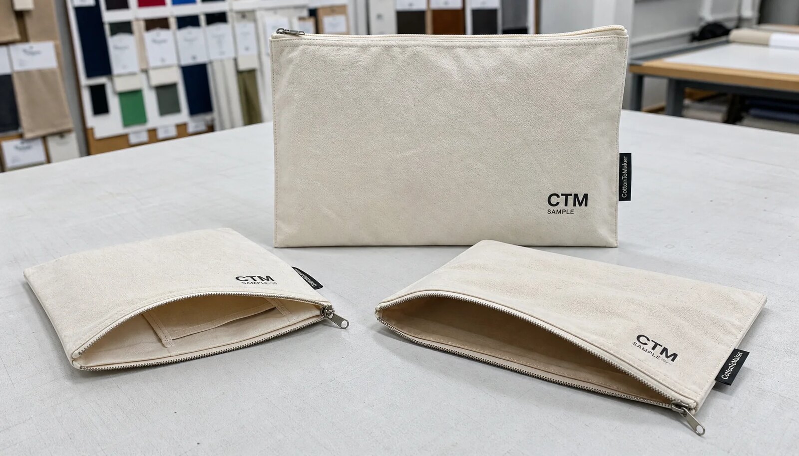 Natural canvas zipper portfolios with CTM logo and woven CottonToMaker side label in a sample room