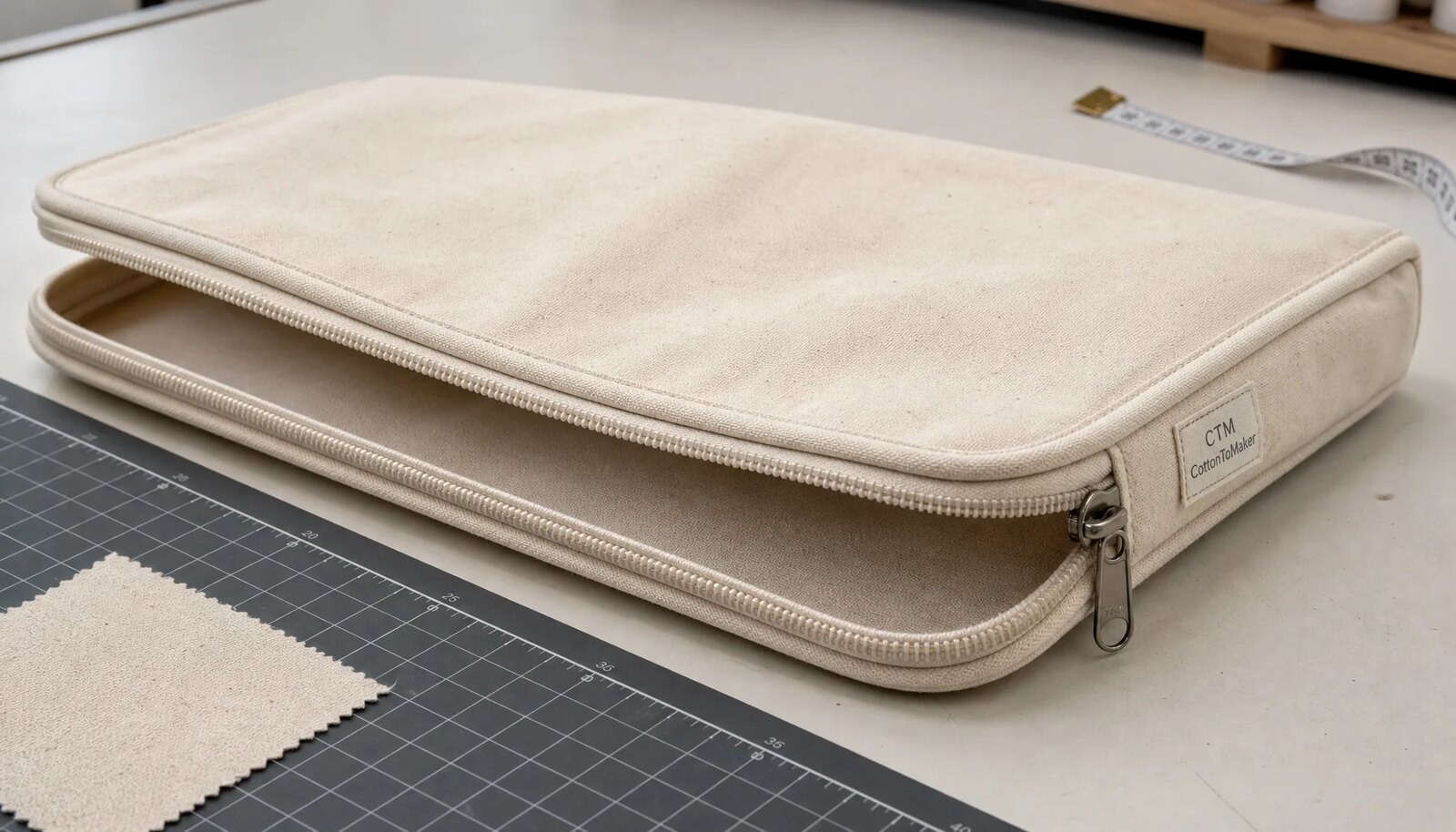 Natural canvas zipper portfolio with CTM CottonToMaker woven side label in a clean factory sample room.