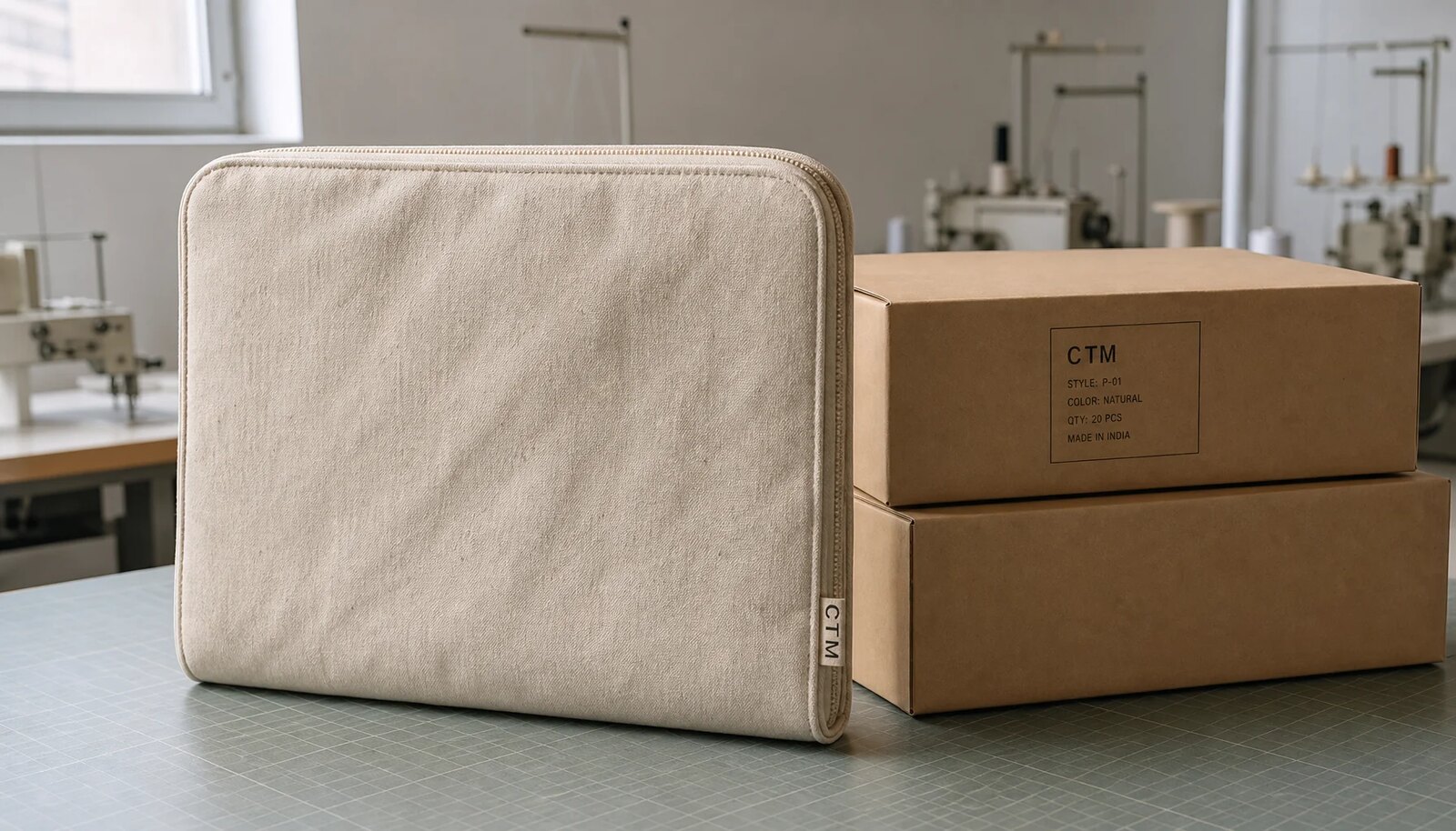 Natural canvas zipper portfolio with CTM woven side label beside shipping cartons in a factory sample room