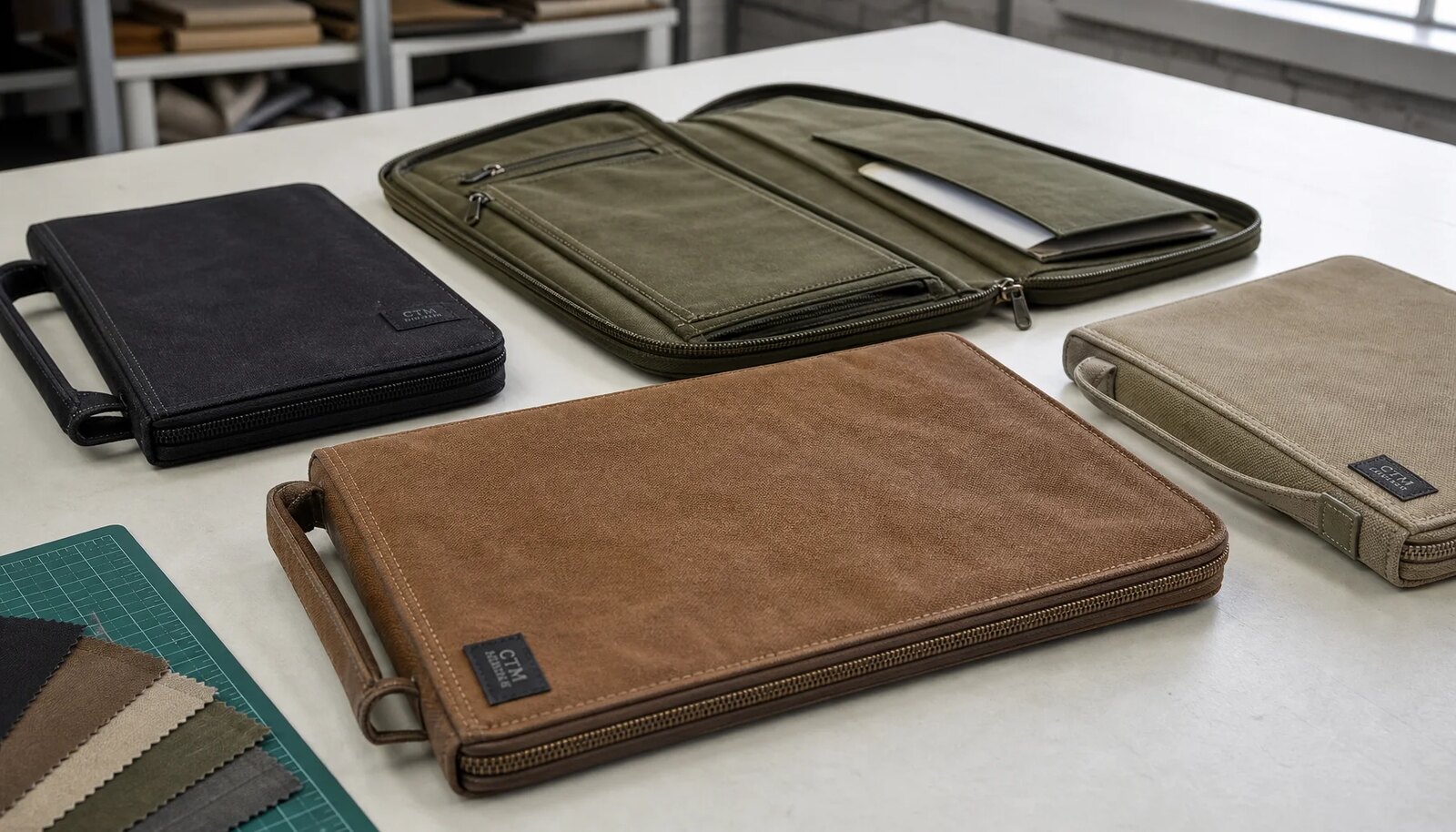 Canvas zipper portfolios with a small CTM sample logo shown in a clean factory sample room