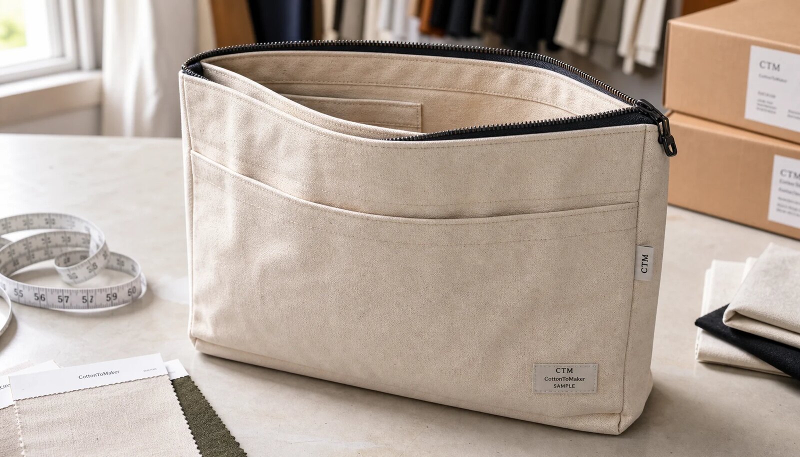 Canvas zipper portfolio with a small CTM sample logo in a factory sample room