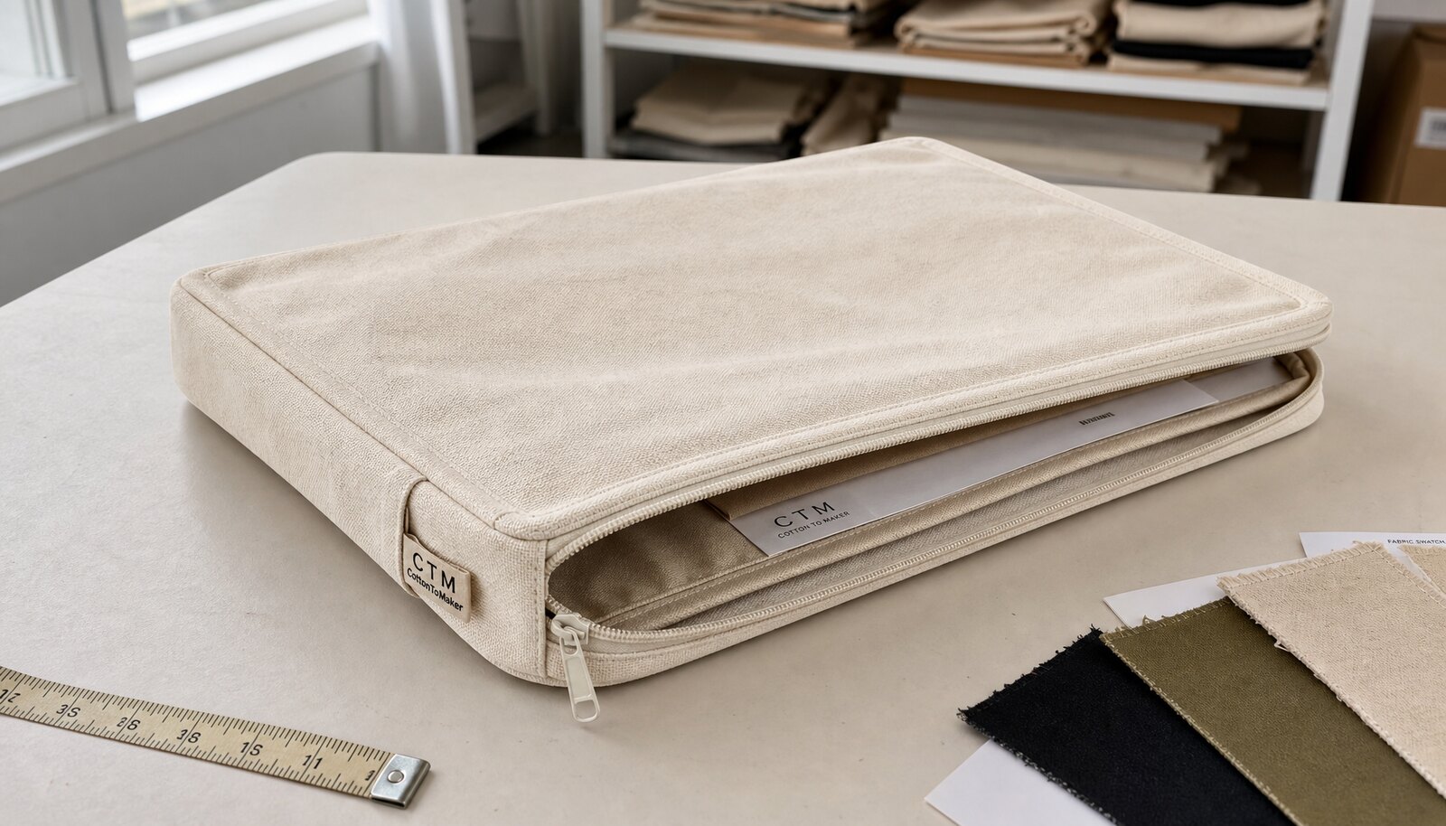 Natural canvas zipper portfolio with a woven CTM CottonToMaker side label in a factory sample room.