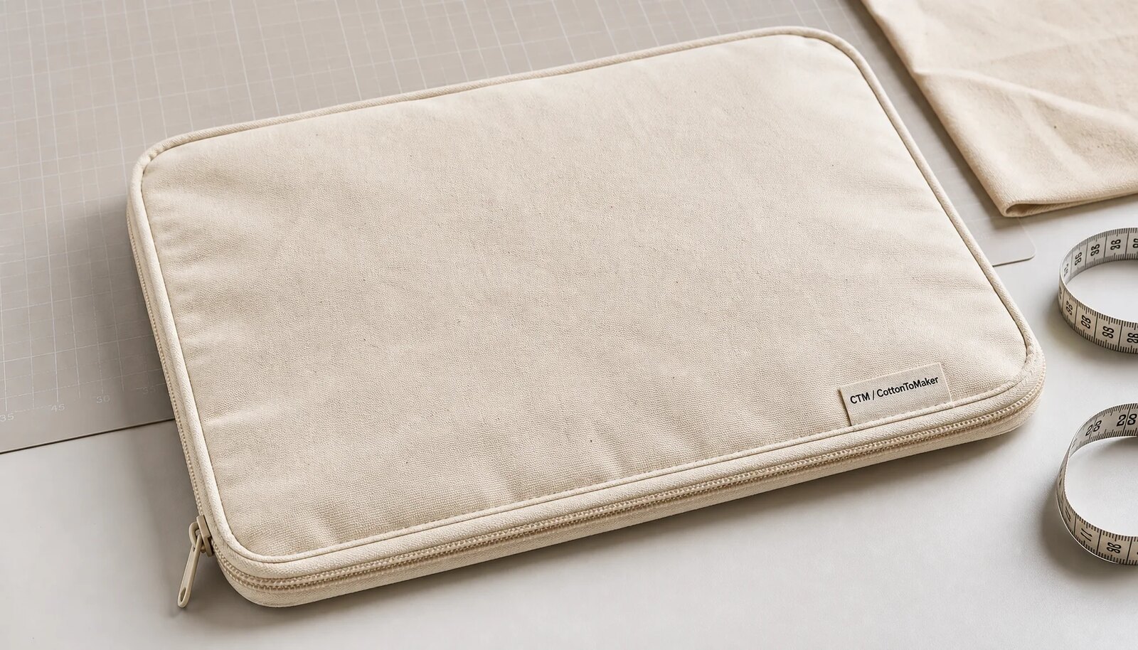 Canvas zipper portfolio with a sewn CTM / CottonToMaker sample label in a clean factory sample room.