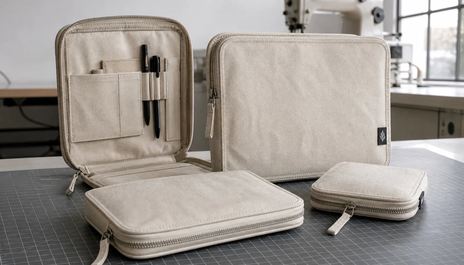 Photorealistic canvas zipper portfolio with visible zipper, stitching, interior pockets, and a simple CTM sample logo label in a factory sample room.