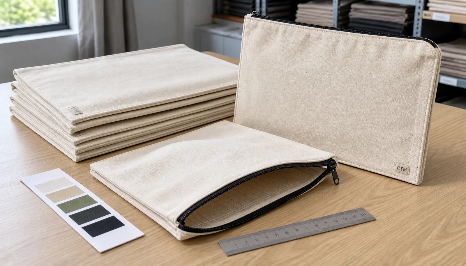 Photorealistic canvas zipper portfolios with a small CTM sample logo shown in a factory sample room.