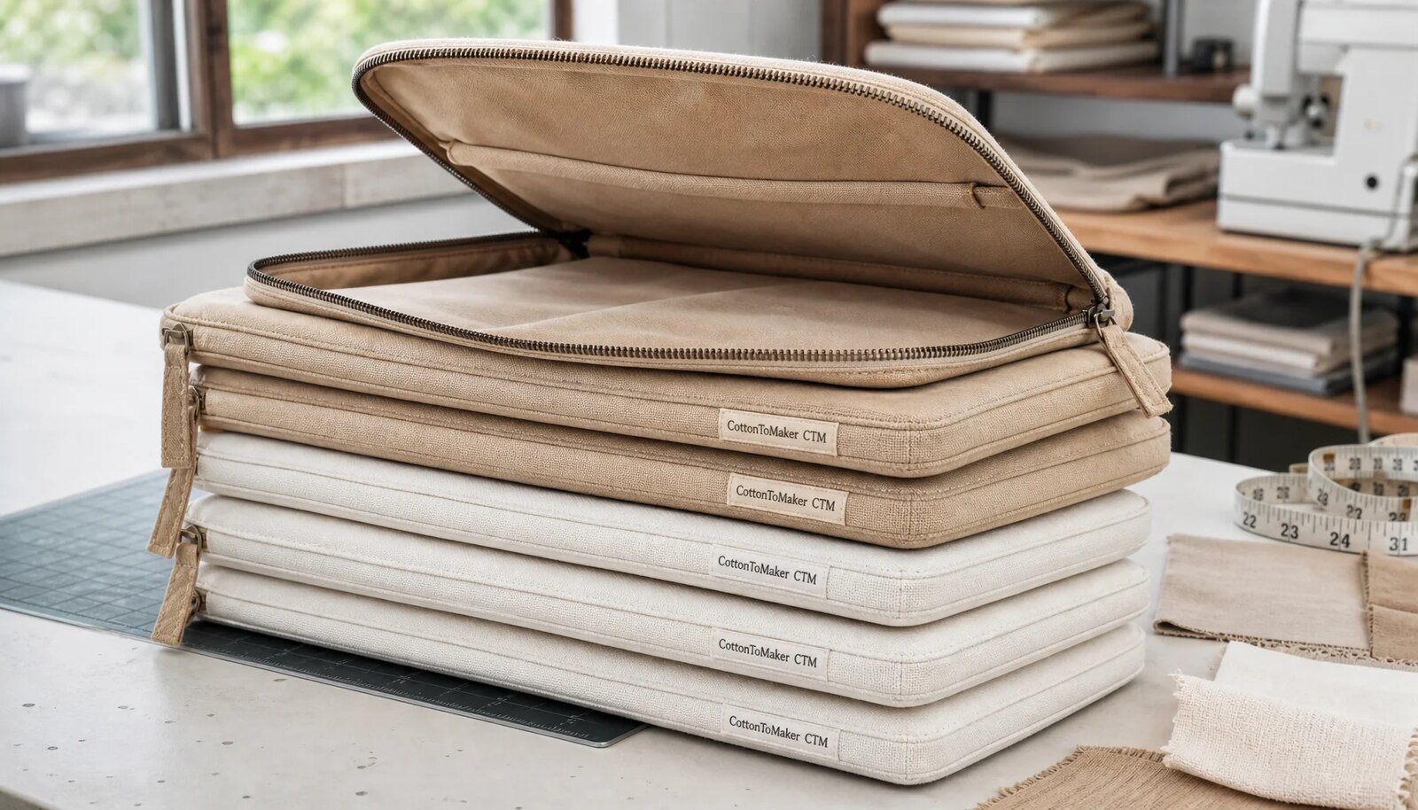 Canvas zipper portfolio sample with a CTM side label shown in a factory sample room