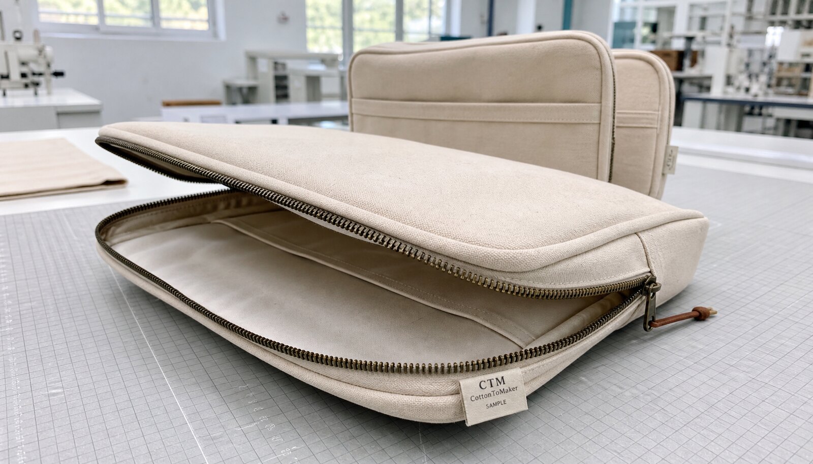 Photorealistic canvas zipper portfolio sample with a small CTM/CottonToMaker logo in a clean factory sample room