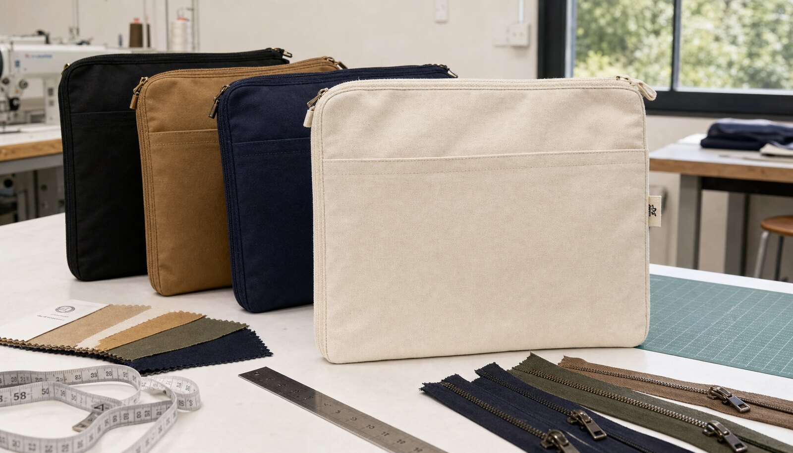 Canvas zipper portfolios with a simple CTM sample logo shown in a factory sample room.