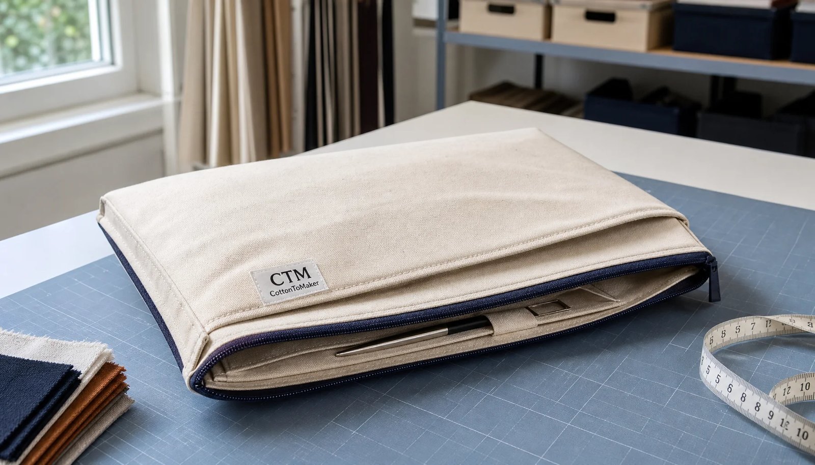 Canvas zipper portfolio with a CottonToMaker sample label in a clean factory sample room