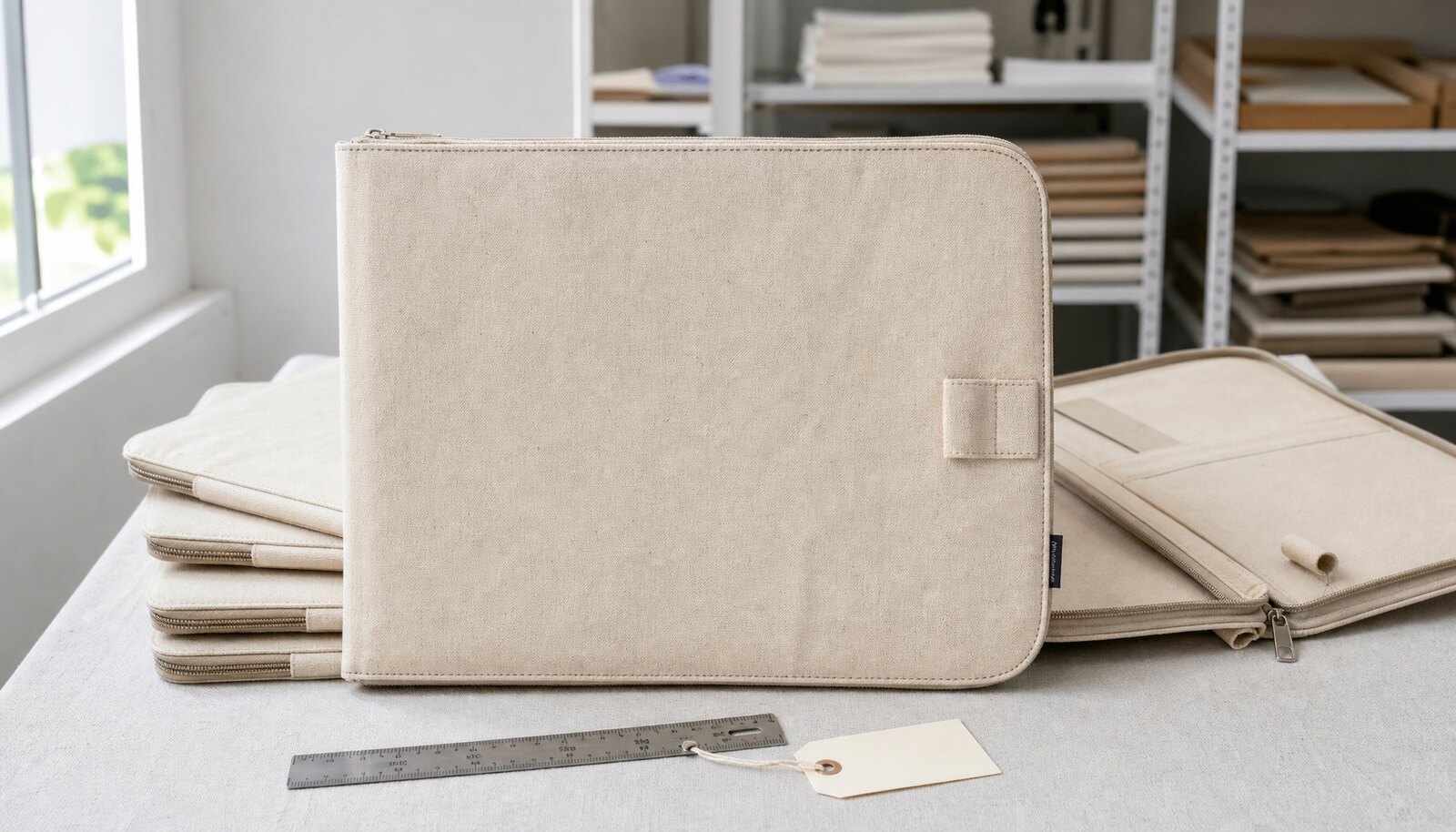 Natural canvas zipper portfolio with a CTM sample label shown in a clean factory sample room