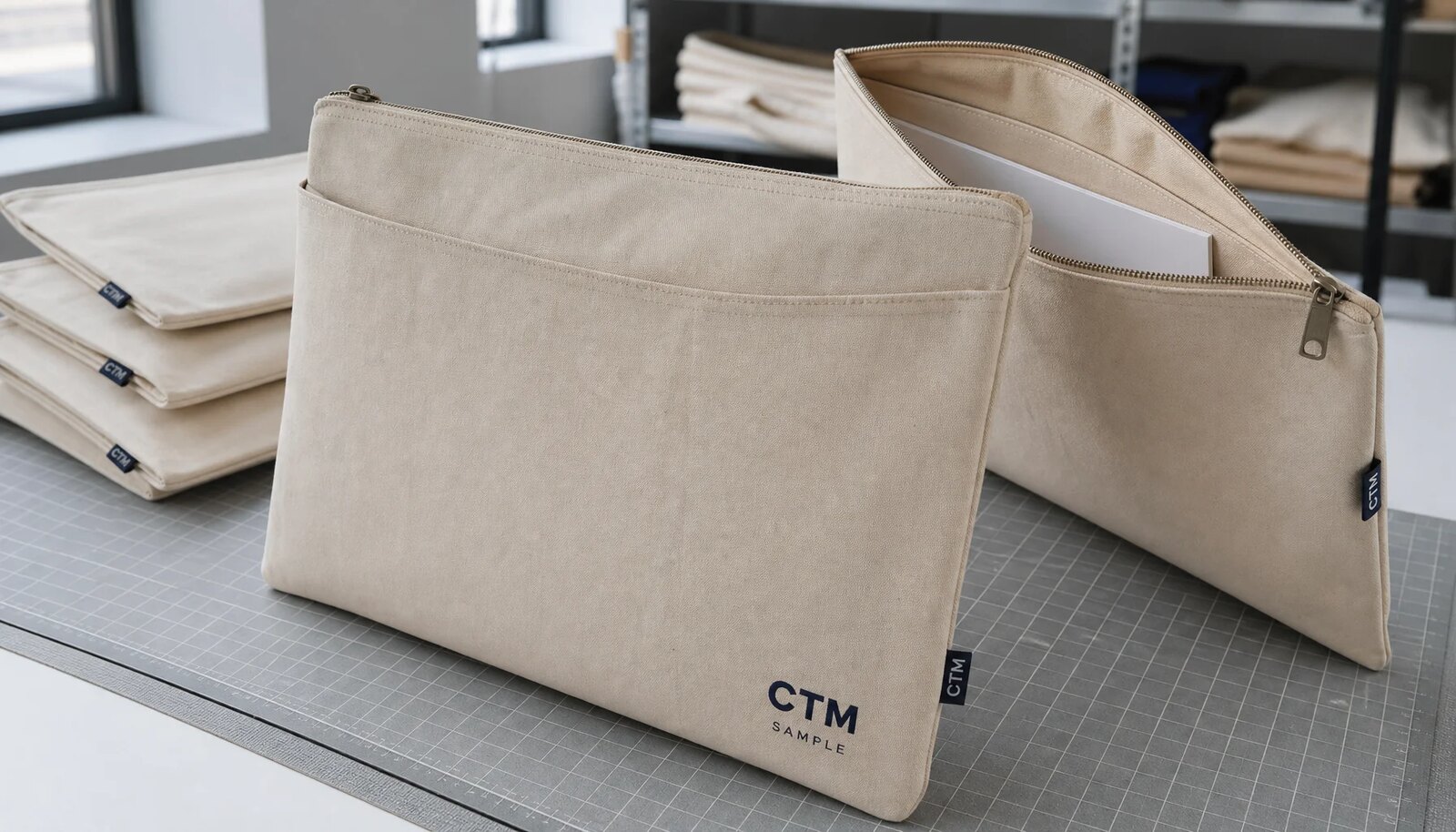 Natural canvas zipper portfolios with CTM logo and CottonToMaker side label for hotel retail bulk sourcing