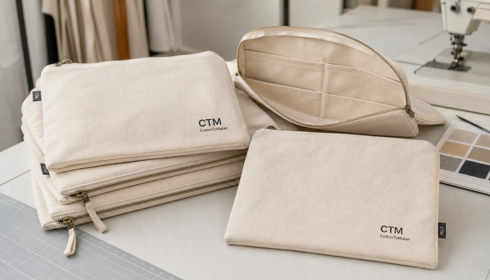Natural canvas zipper portfolios with CTM sample logo and stitched side label on a clean studio table