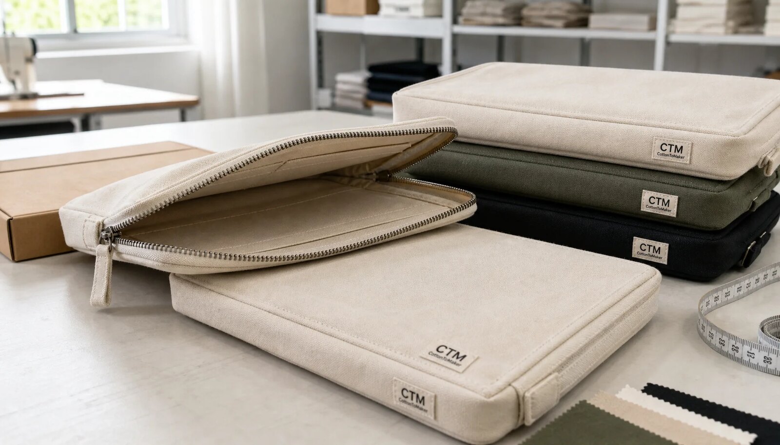 Photorealistic canvas zipper portfolio sample with a simple CTM or CottonToMaker logo on the product in a factory sample room