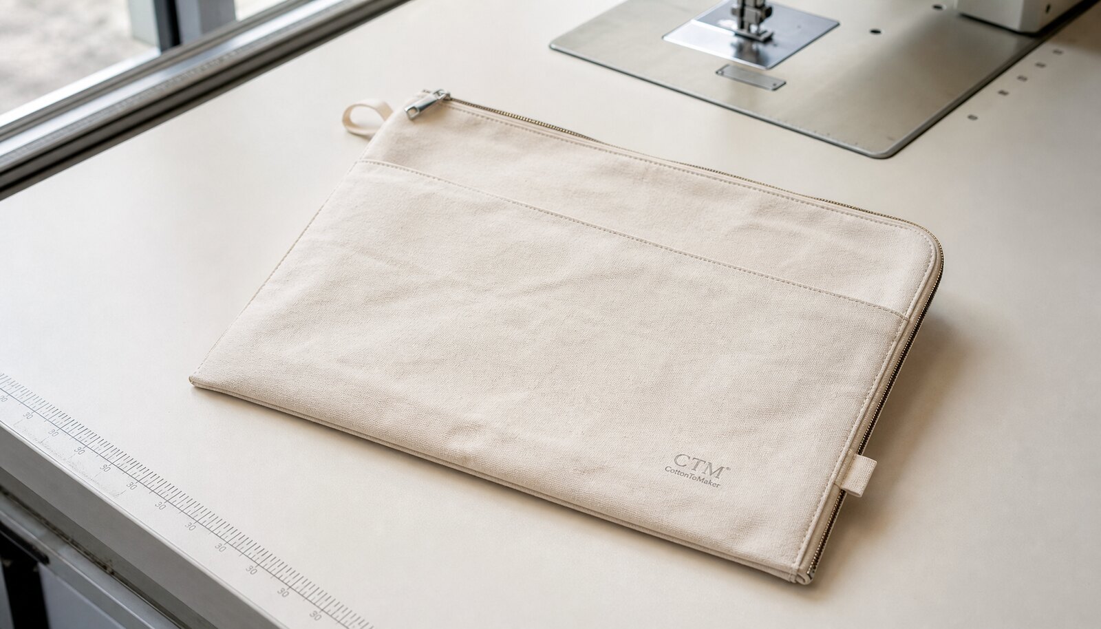 Canvas zipper portfolio with simple CTM side label photographed in a clean factory sample room