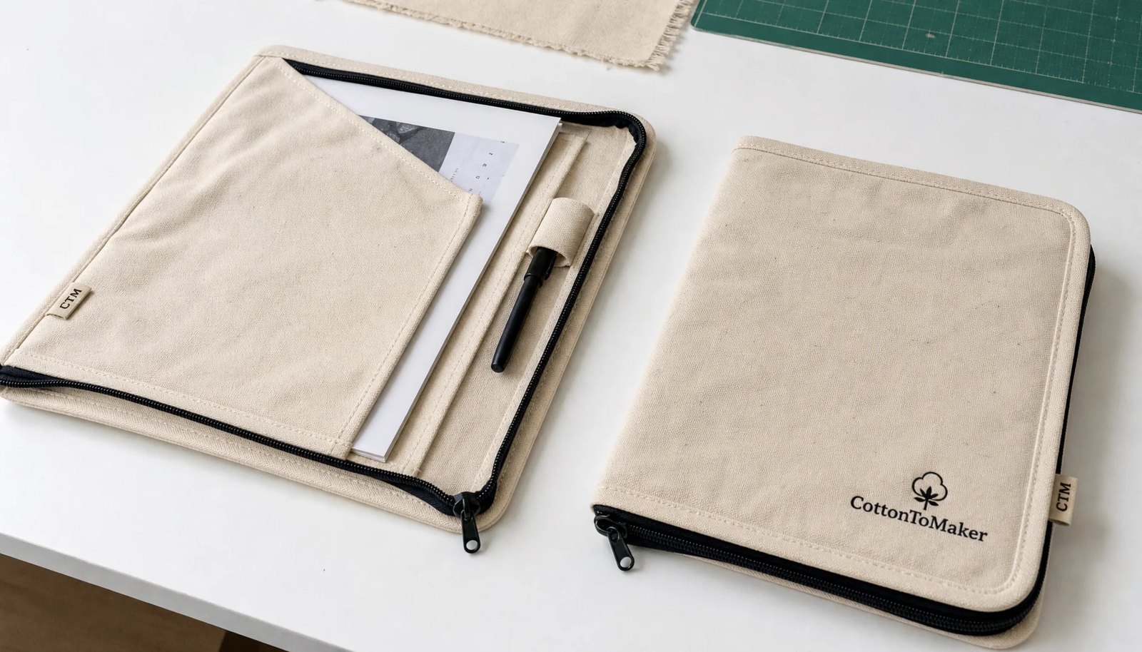 Natural cotton canvas zipper portfolio with reinforced stitching, black zipper, CTM side label, and CottonToMaker sample print
