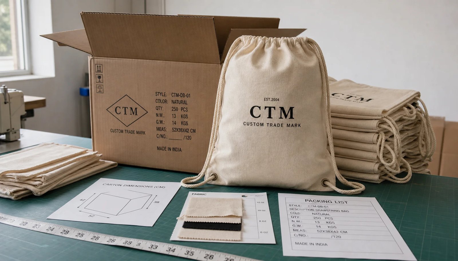 Natural cotton drawstring backpacks with sample logo packed beside export carton for trade show shipping planning