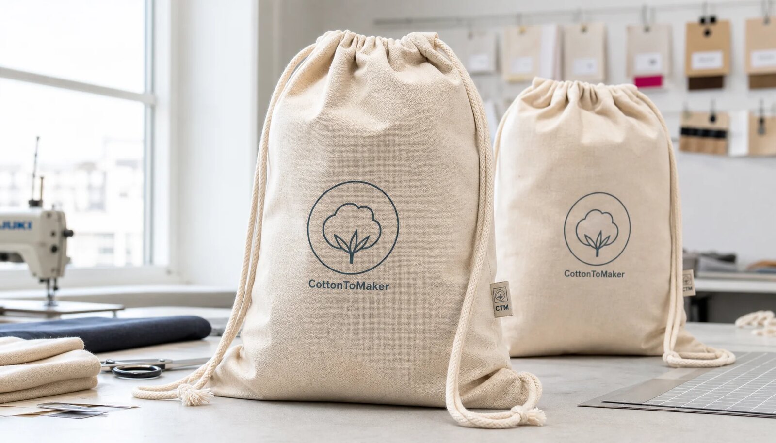 Cotton drawstring backpack sample with a CTM/CottonToMaker side label in a factory sample room