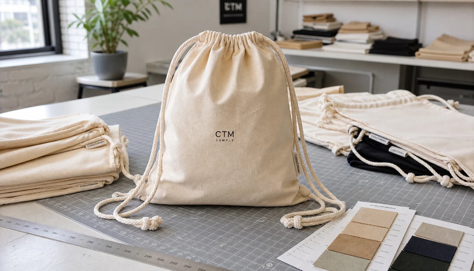 Natural cotton drawstring backpack sample with CTM logo and CottonToMaker side label in a factory sample room