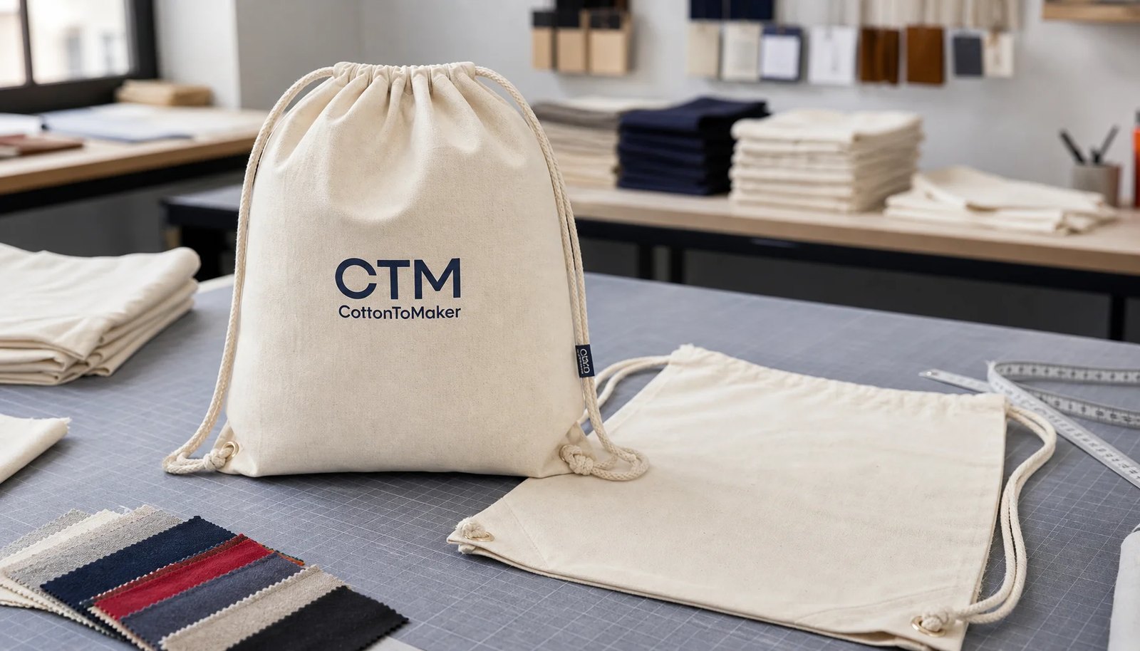 Natural cotton drawstring backpack sample with CTM CottonToMaker logo printed on the front panel in a factory sample room