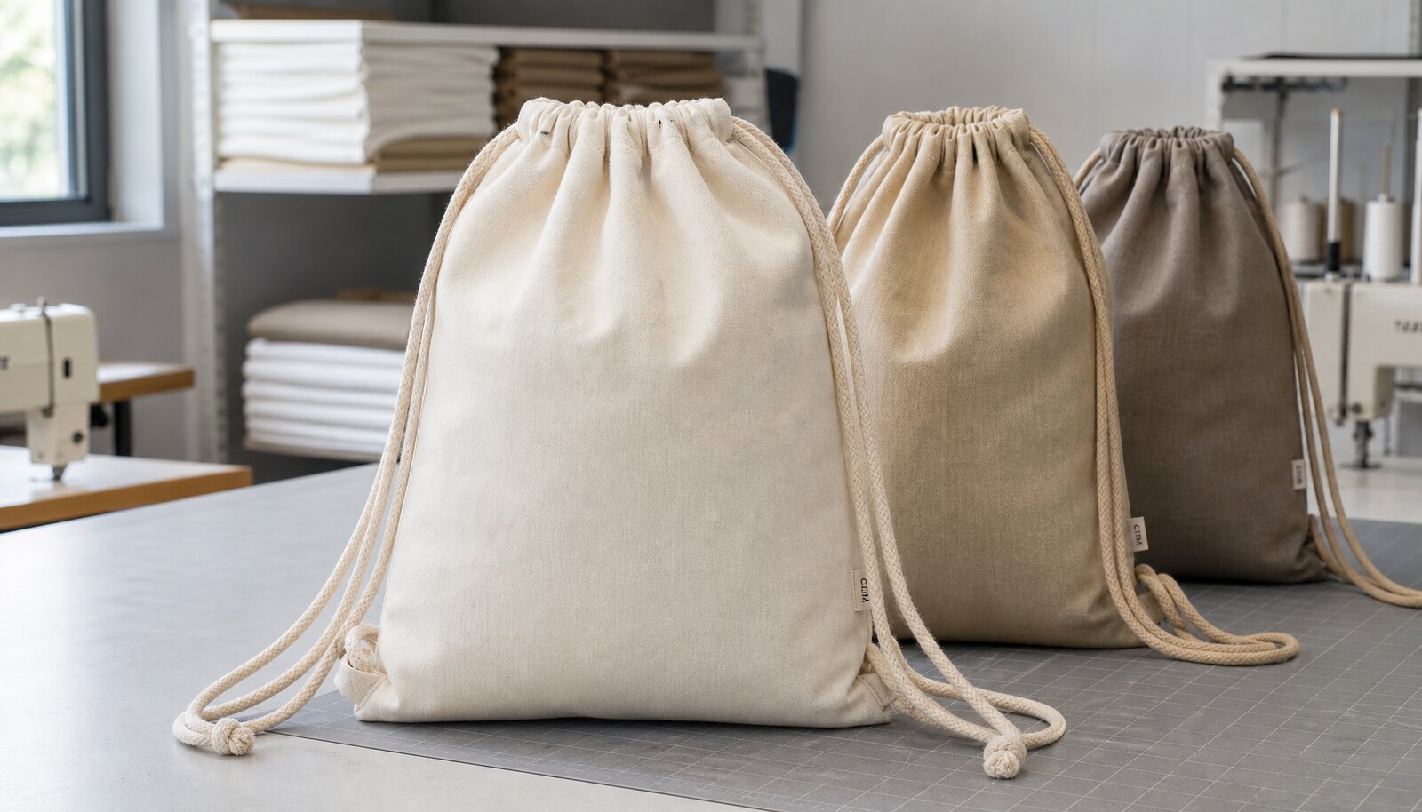 Cotton drawstring backpacks with a simple CTM sample logo in a clean factory sample room.
