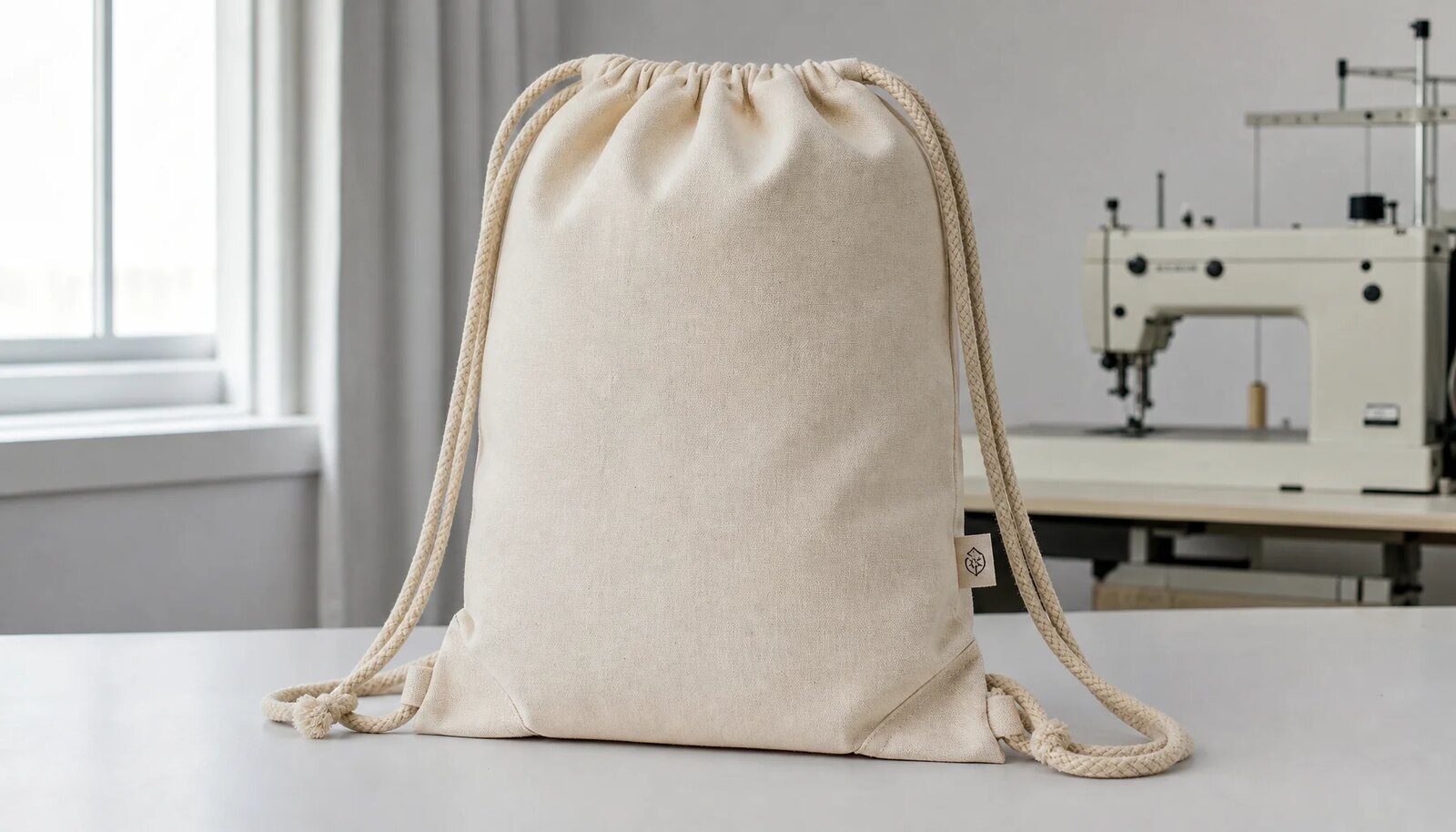 Natural cotton drawstring backpack with braided cords and a small CTM CottonToMaker sample logo in a factory sample room.