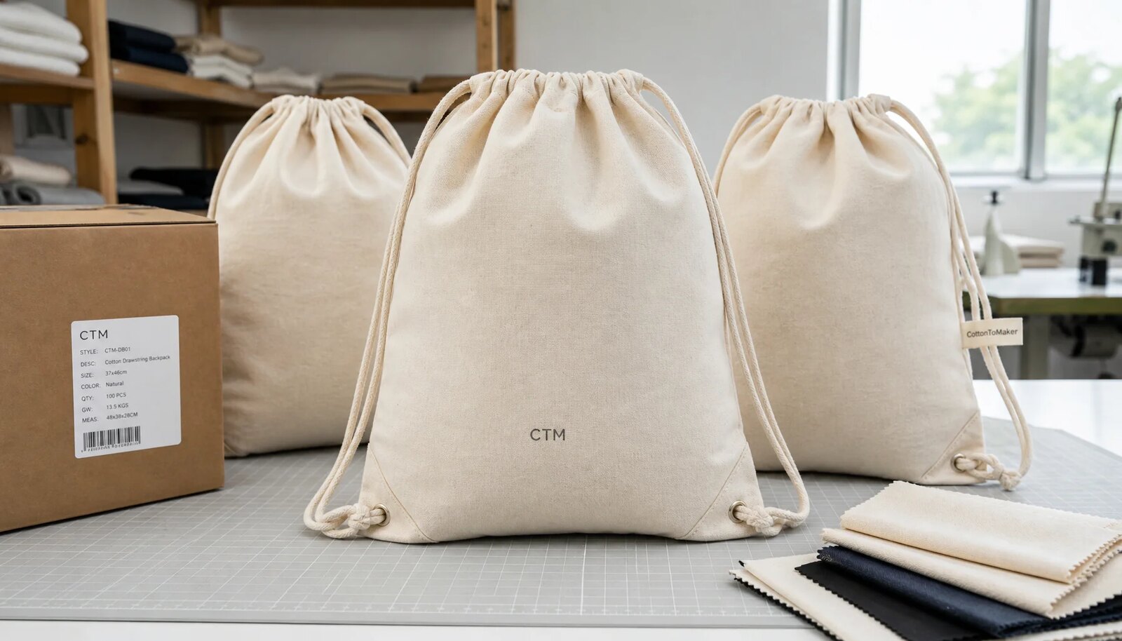 Natural cotton drawstring backpacks with reinforced corners and printed branding shown in a factory sample room