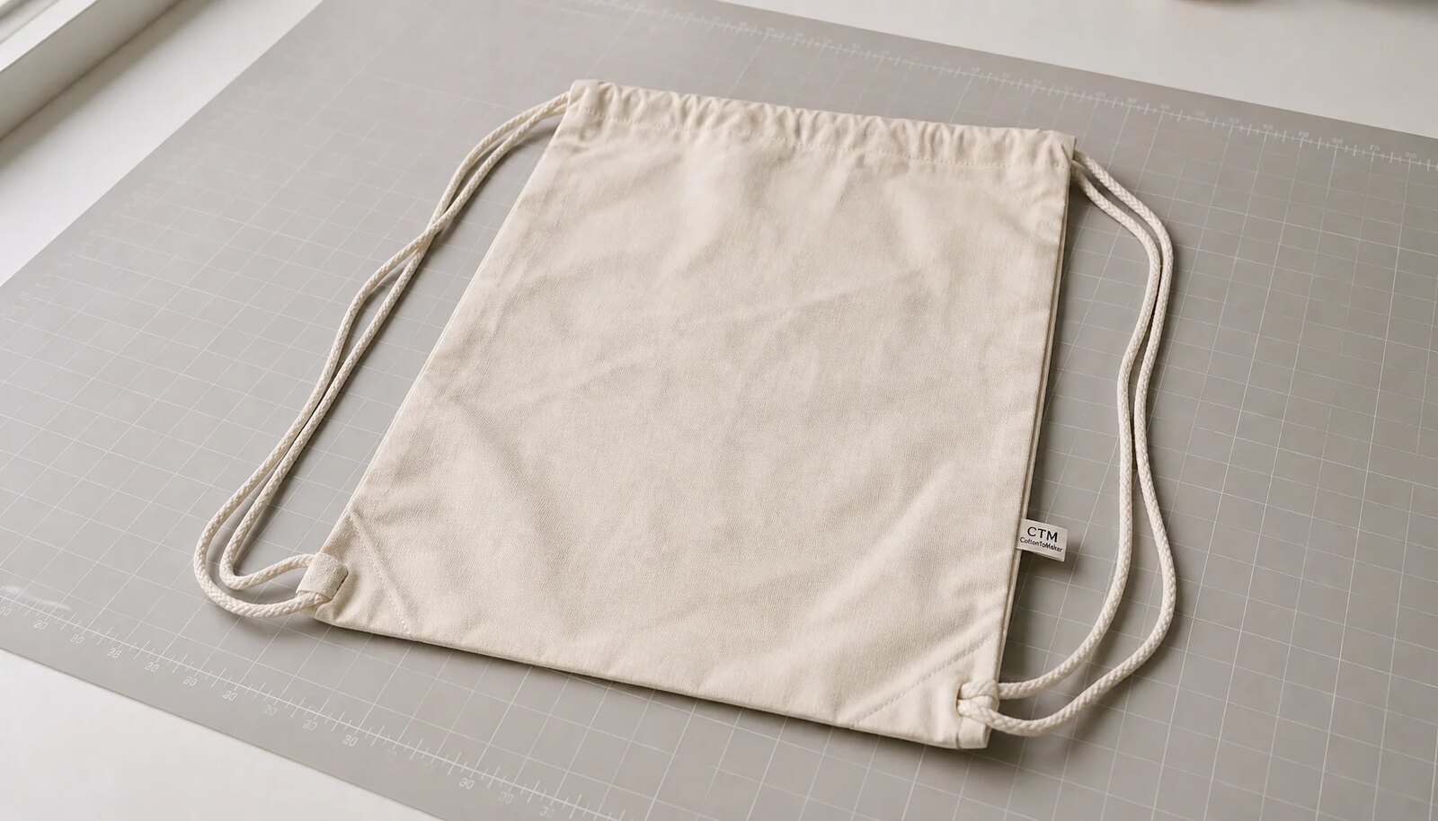Cotton drawstring backpack sample with a CTM CottonToMaker side label in a factory sample room