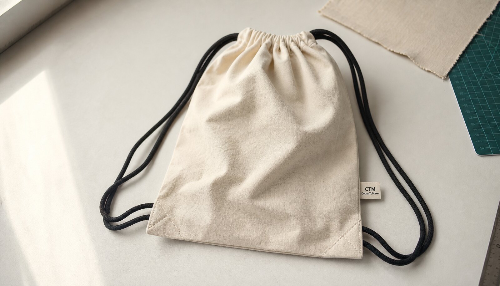 Photorealistic cotton drawstring backpack sample with a CTM / CottonToMaker woven side label in a clean factory sample room.