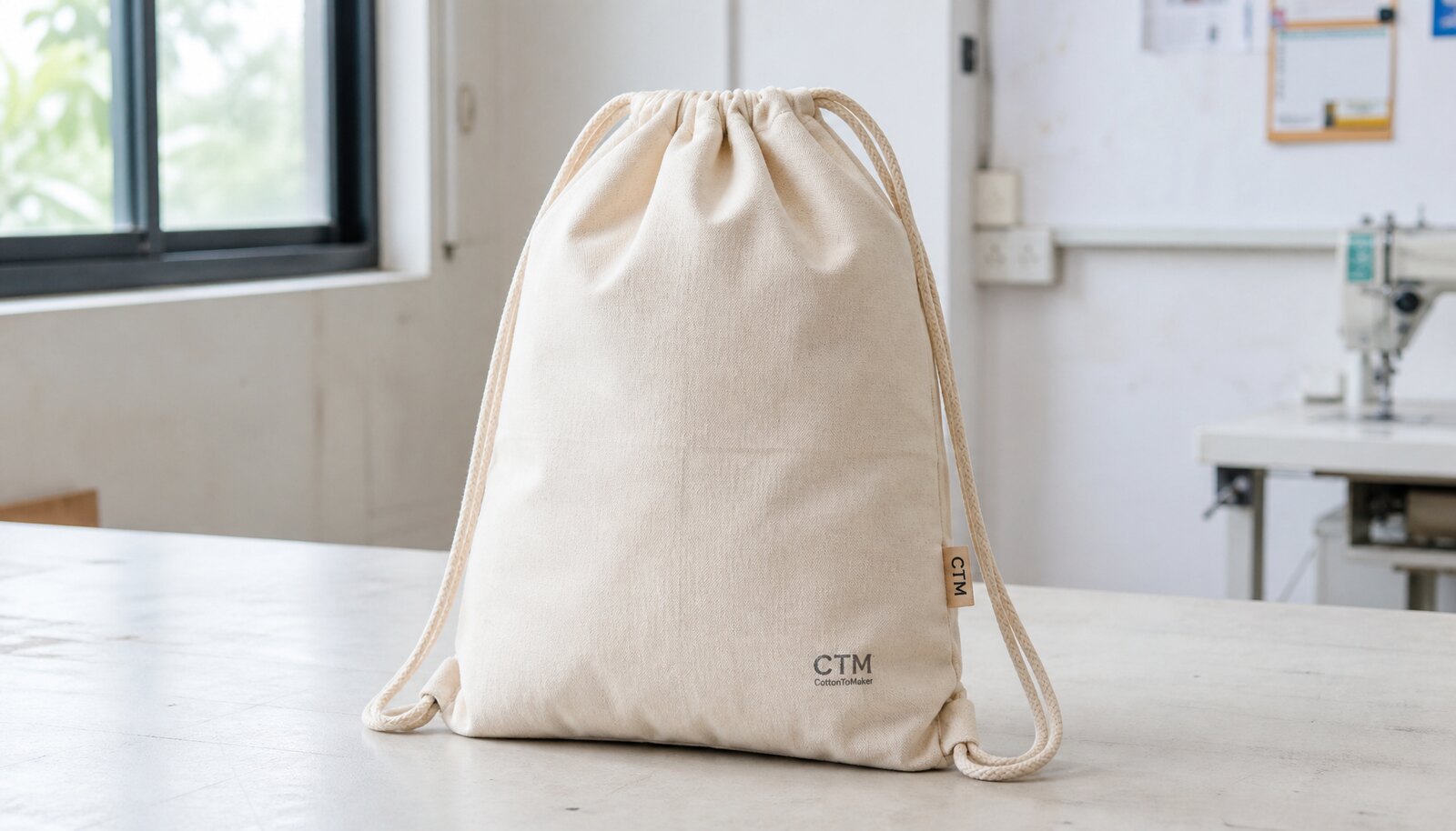 Cotton drawstring backpack with a CTM sample logo in a clean factory sample room.