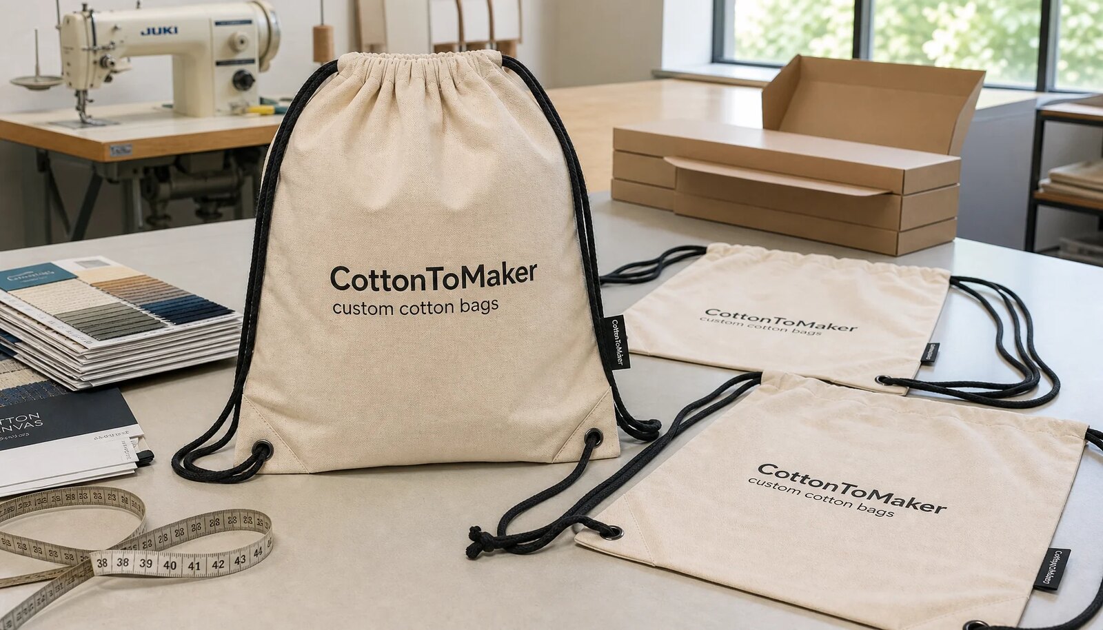 Cotton drawstring backpacks with CTM logo in a factory sample room for craft fair wholesale planning
