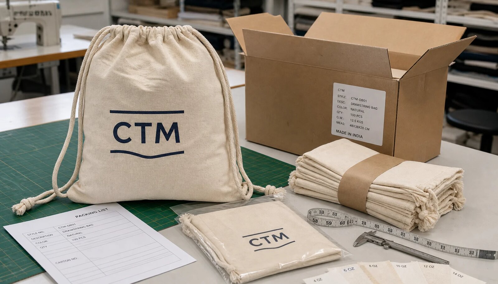 Cotton drawstring backpacks with sample logo packed beside export carton for craft fair wholesale packing review
