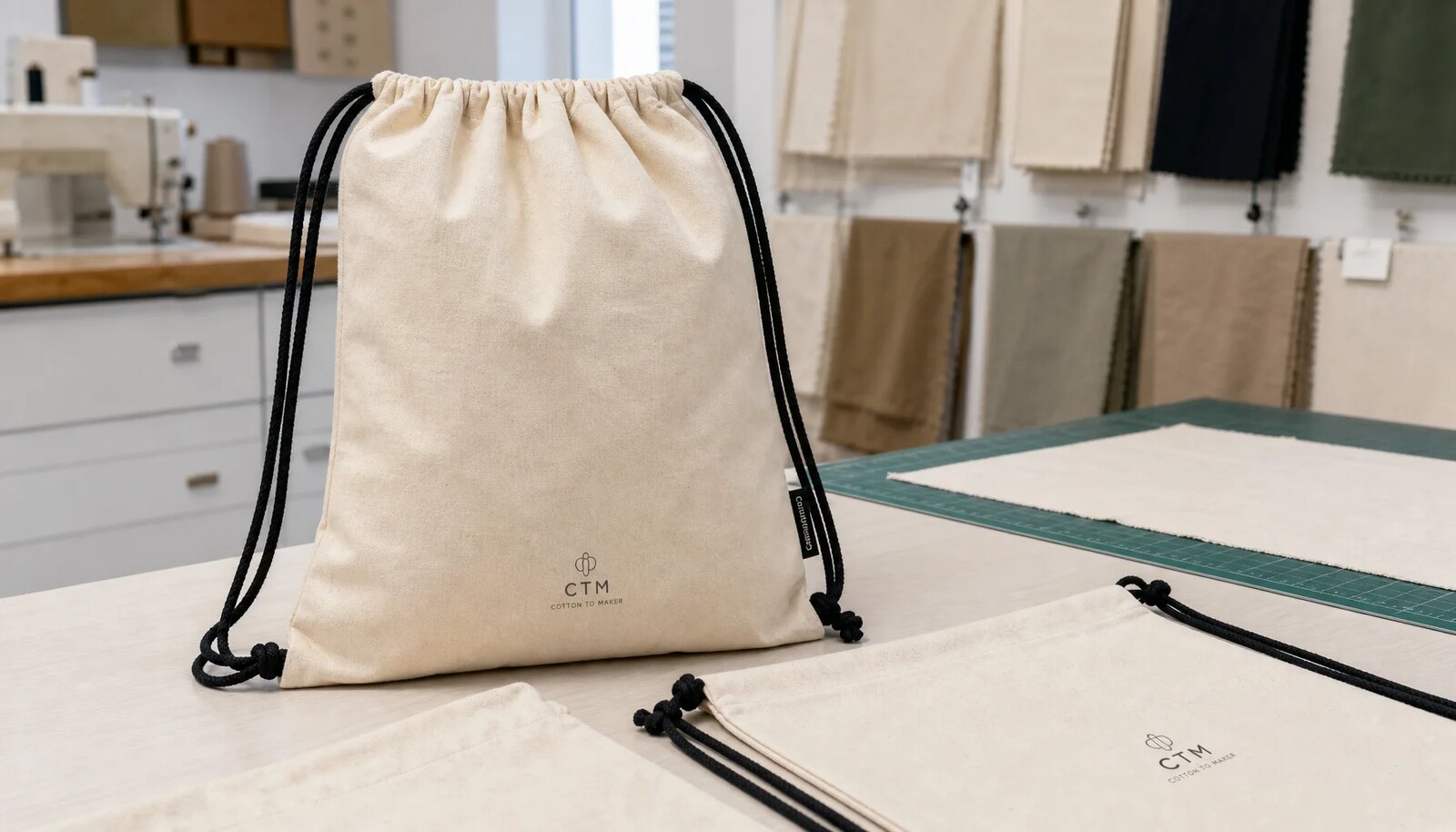 Natural cotton drawstring backpacks with CTM logo placement sample on front panel