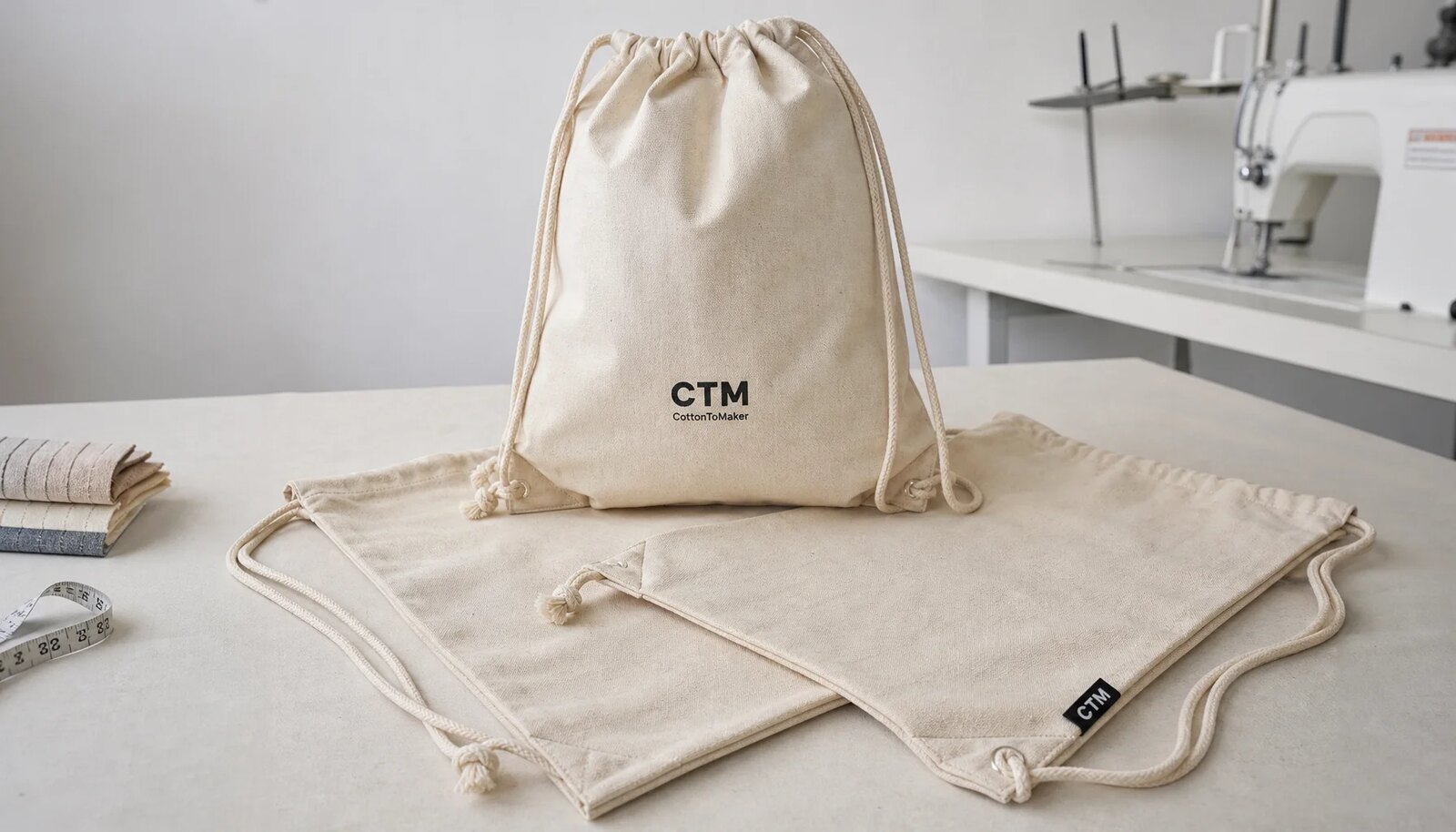 Natural cotton drawstring backpacks with CTM sample logo in a clean sample room