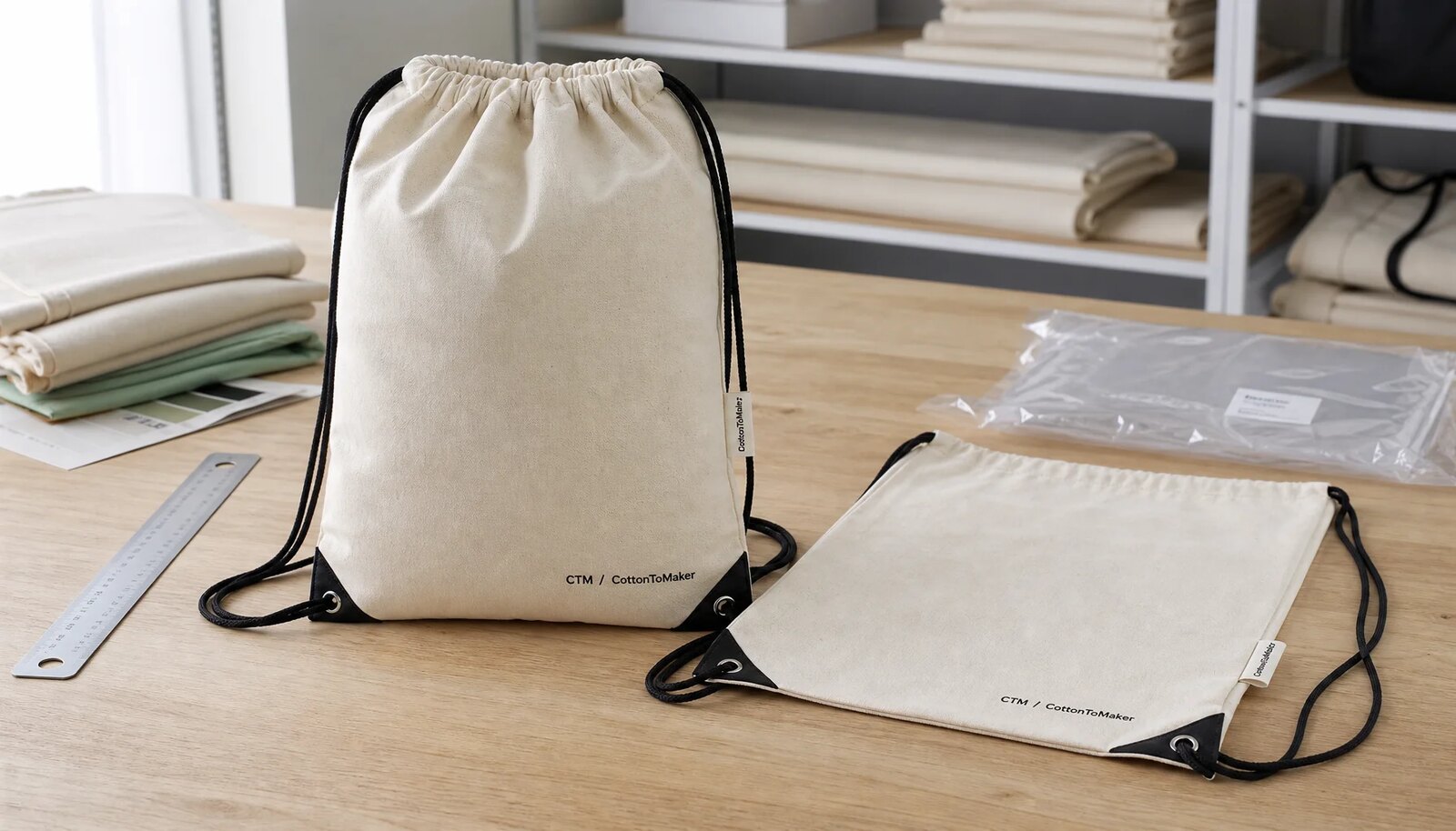 Natural cotton drawstring backpack sample with CTM logo, black cords, fabric swatches, and packing reference on a studio sample table