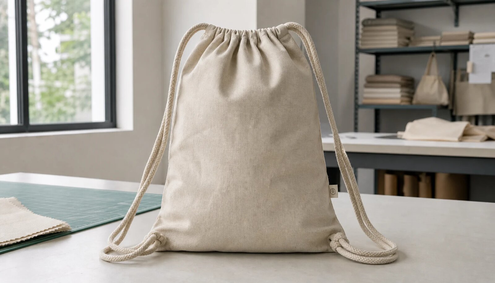 Cotton drawstring backpack sample with visible stitching and CTM logo in a factory sample room
