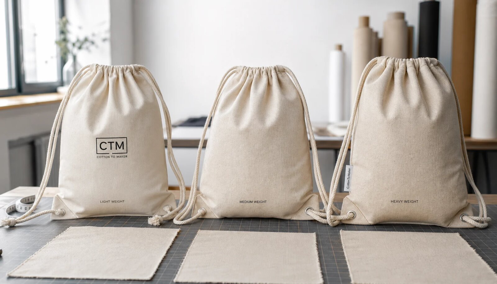 Cotton drawstring backpack samples with CTM logo in different fabric weights for wholesale review
