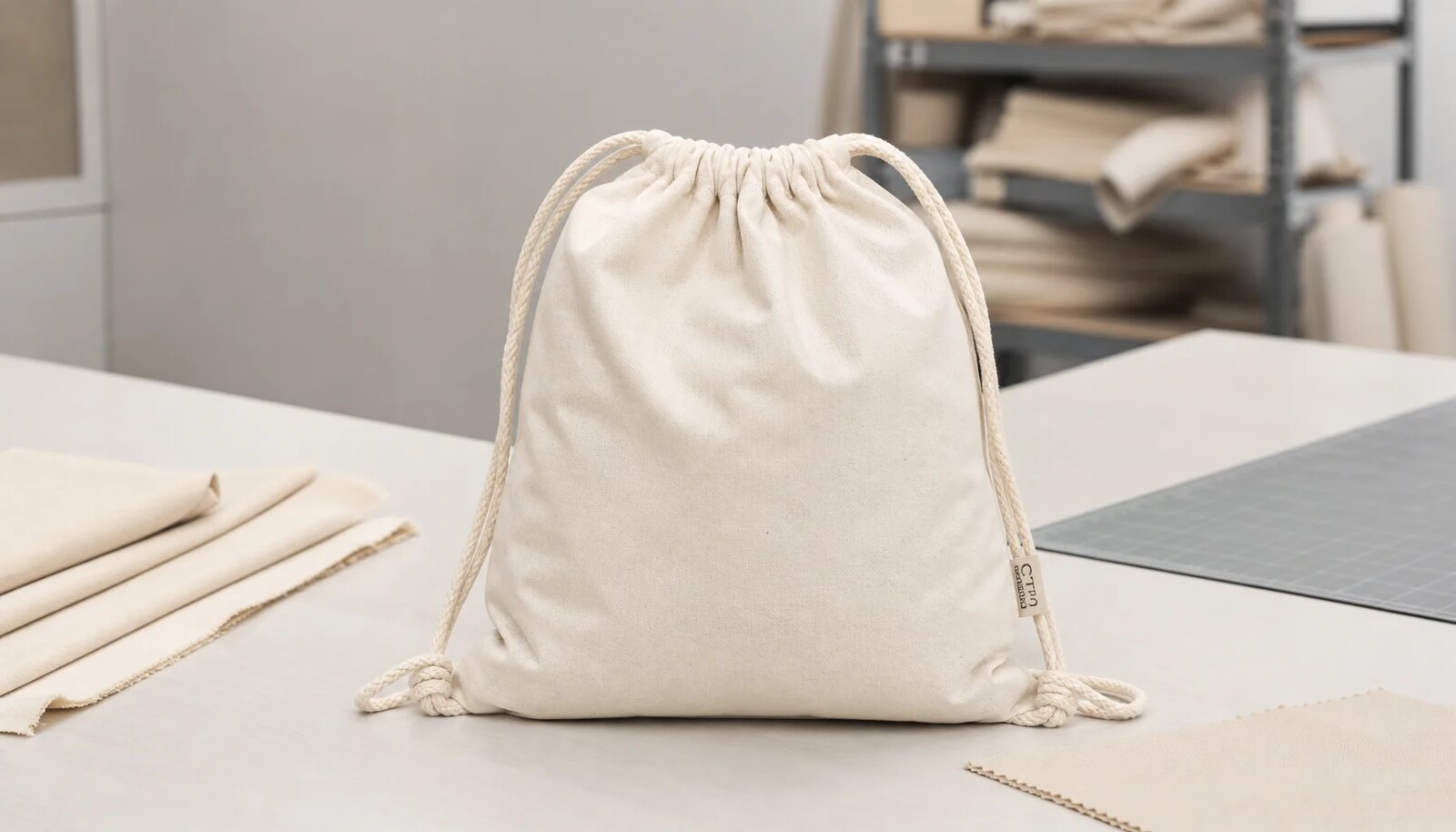 Natural cotton drawstring backpack with visible weave, cords, stitching, and a small CTM sample logo in a clean sample room.