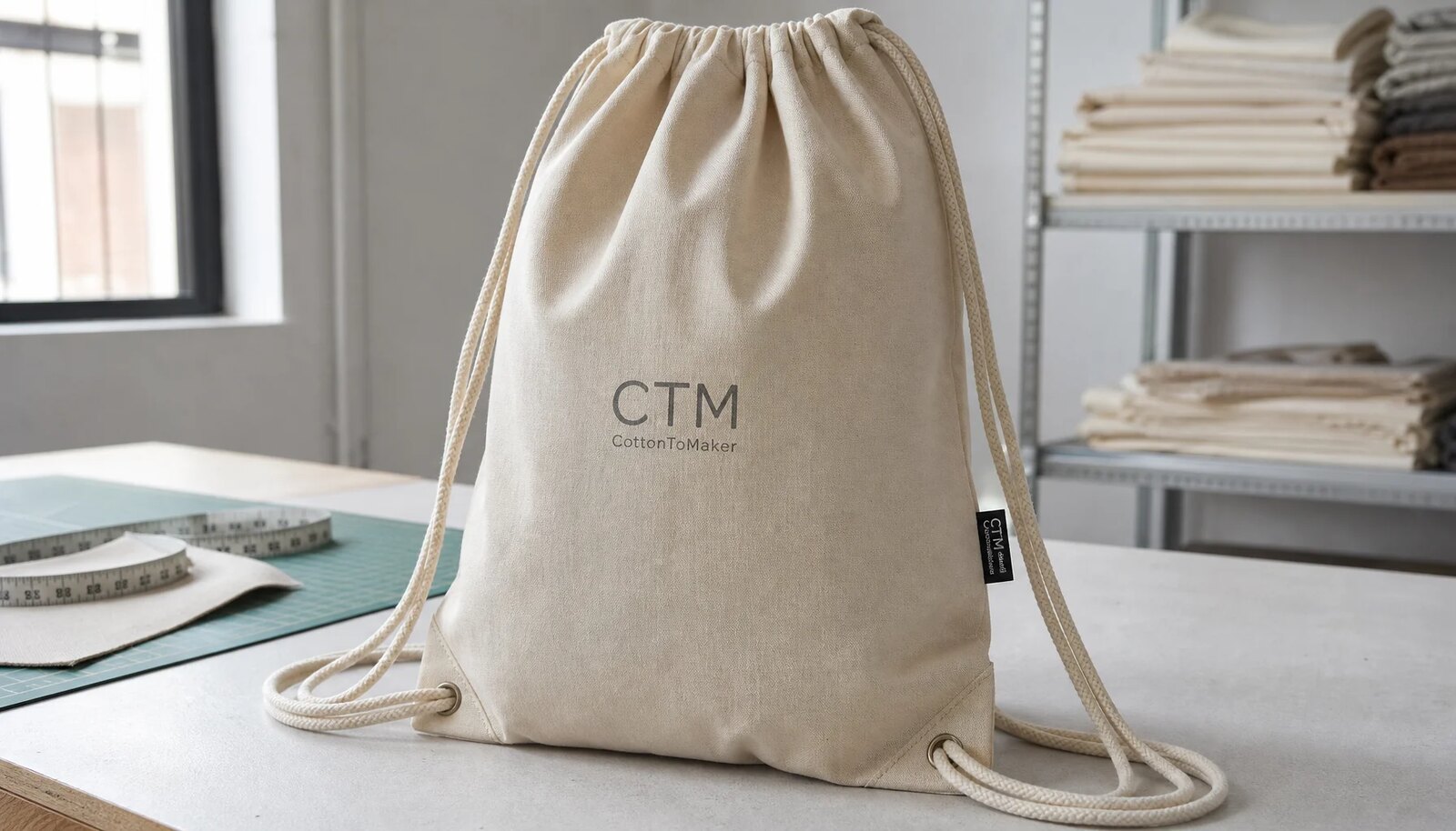 Natural cotton drawstring backpack with a CTM sample logo and side label in a factory sample room.