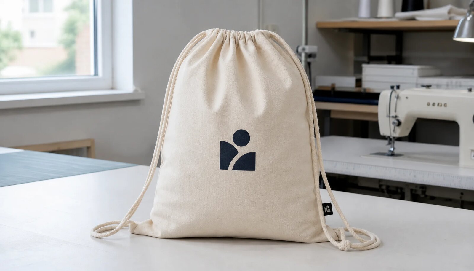 Natural cotton drawstring backpack with a simple CTM sample logo in a factory sample room