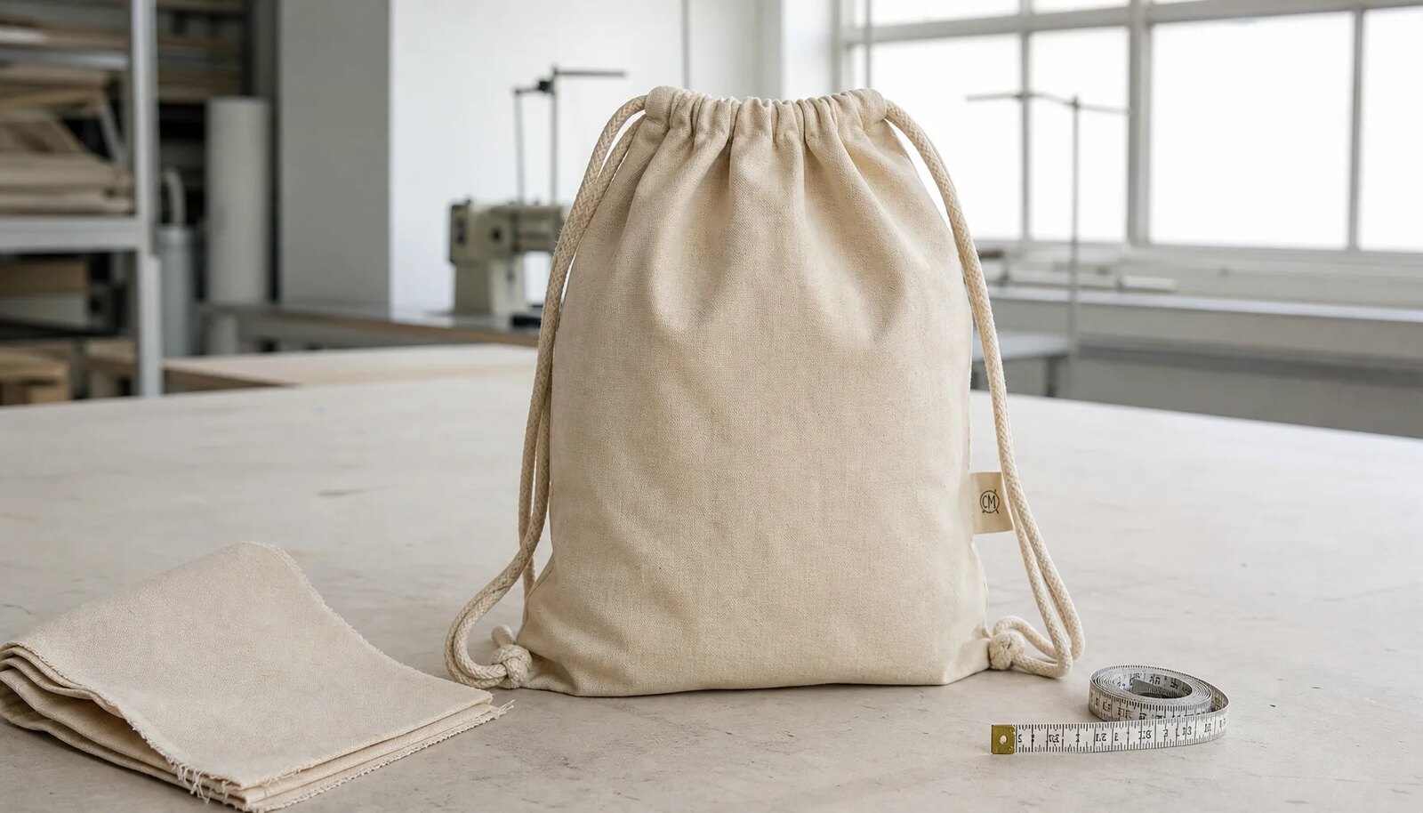 Natural cotton drawstring backpack with a simple CTM sample logo in a factory sample room