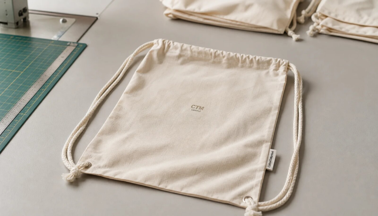 Cotton drawstring backpack with a small CTM sample logo printed on the front and a CottonToMaker woven side label in a clean factory sample room