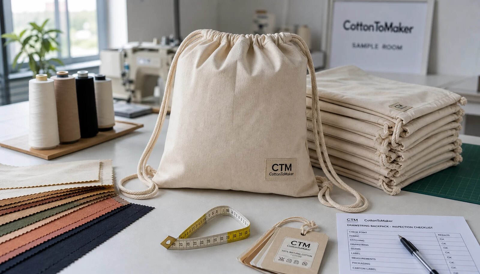 Cotton drawstring backpacks with CTM sample logo, fabric swatches, and inspection sheet in a factory sample room