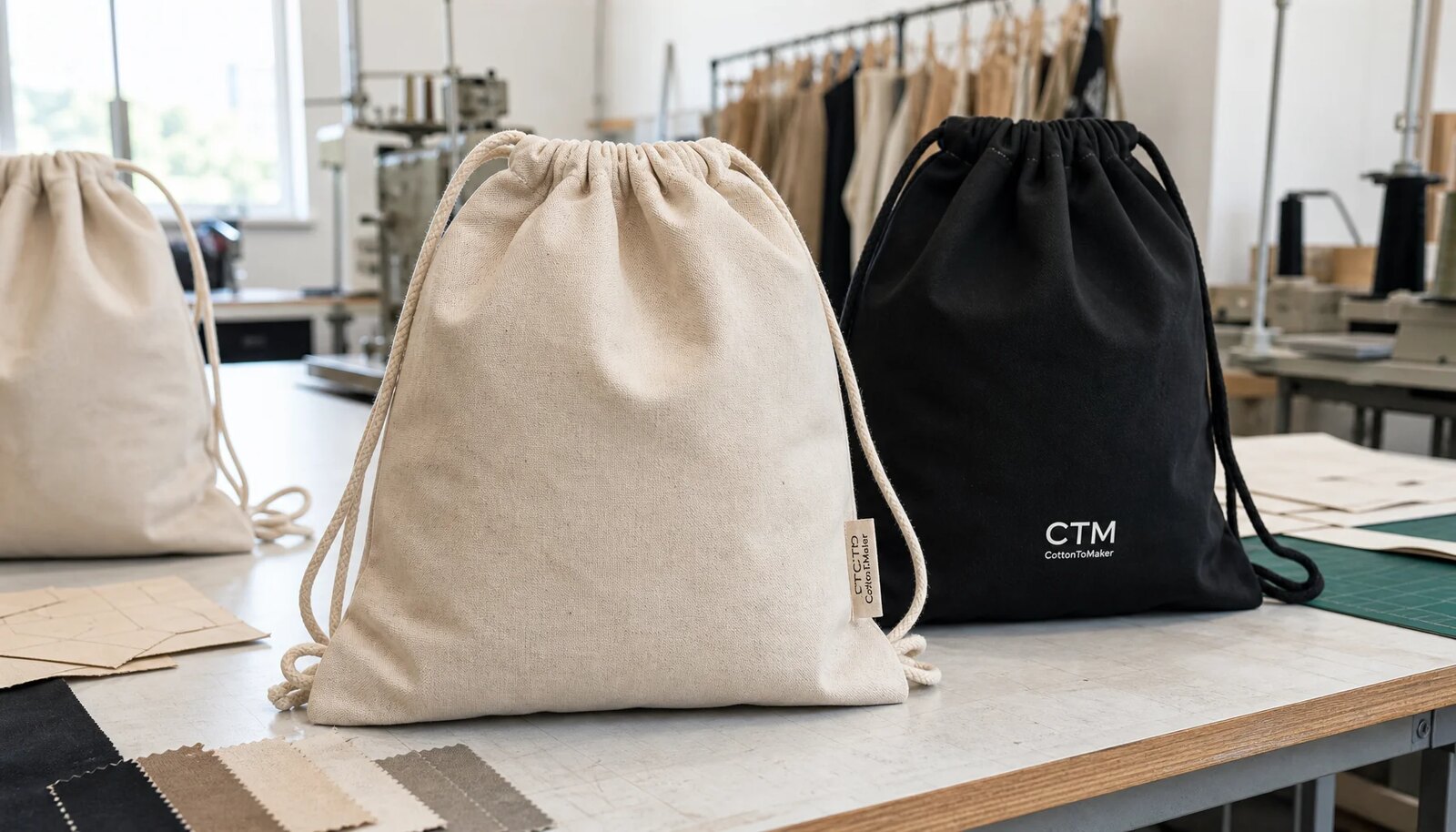 Cotton drawstring backpacks with fabric swatches, cords, and CTM sample branding in a factory sample room.