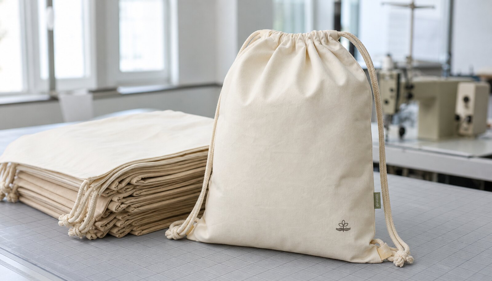Cotton drawstring backpacks with a small logo printed on the bag in a clean factory sample room