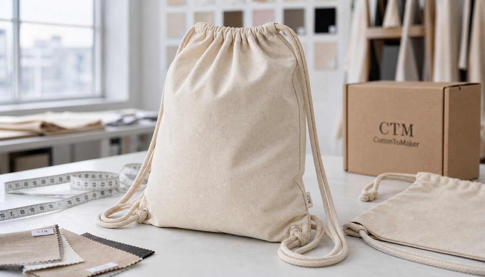 Cotton drawstring backpack sample with a small CTM/CottonToMaker logo label in a factory sample room.