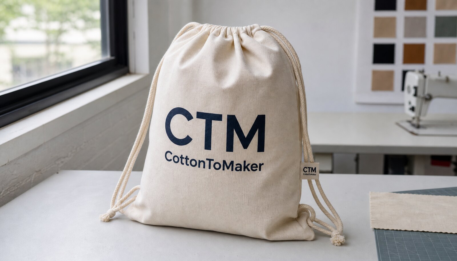Cotton drawstring backpack print proof sample with a small CTM/CottonToMaker side label in a factory sample room