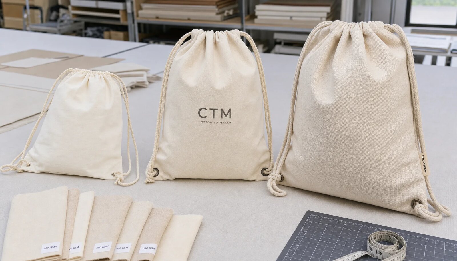 Cotton drawstring backpacks with CTM logo samples and fabric swatches in a factory sample room