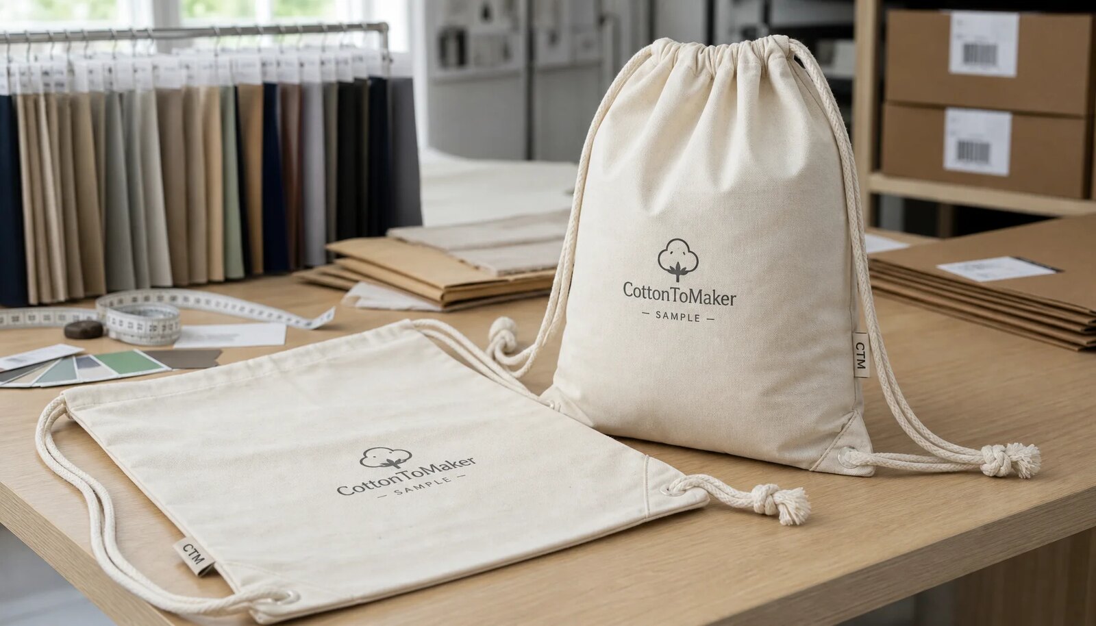 Natural cotton drawstring backpacks with CTM sample logo on a factory sample table